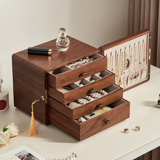 初心 带锁湿度计胡桃木纹首饰盒 可监测湿度多层大容量饰品收纳盒 商品图2