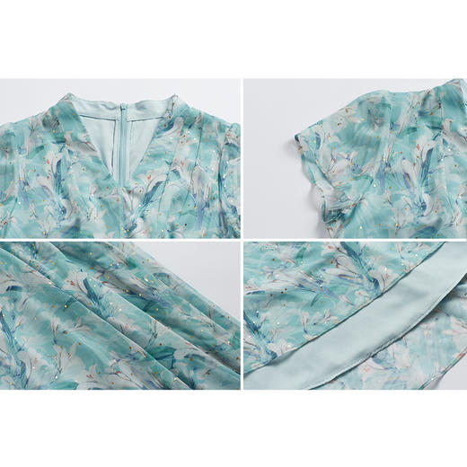 司歌印花飘逸雪纺连衣裙显瘦v领短袖复古A891047X 商品图1