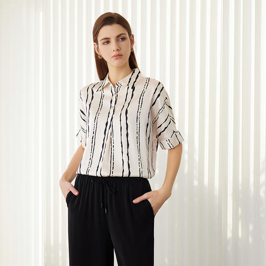 【桑蚕丝短袖上衣】24年春夏女士新品条纹真丝薄款时尚通勤上衣 商品图1