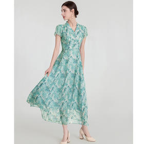 司歌印花飘逸雪纺连衣裙显瘦v领短袖复古A891047X