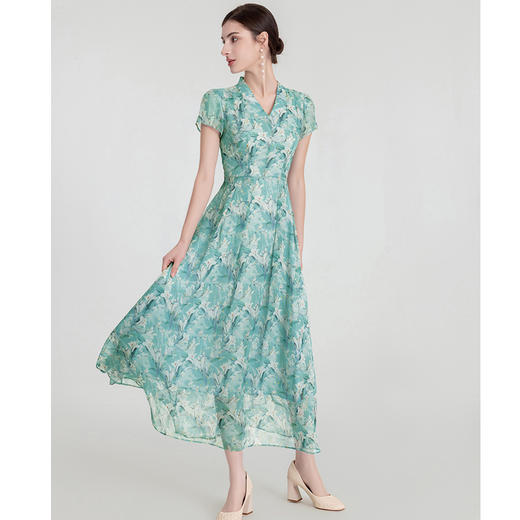 司歌印花飘逸雪纺连衣裙显瘦v领短袖复古A891047X 商品图0