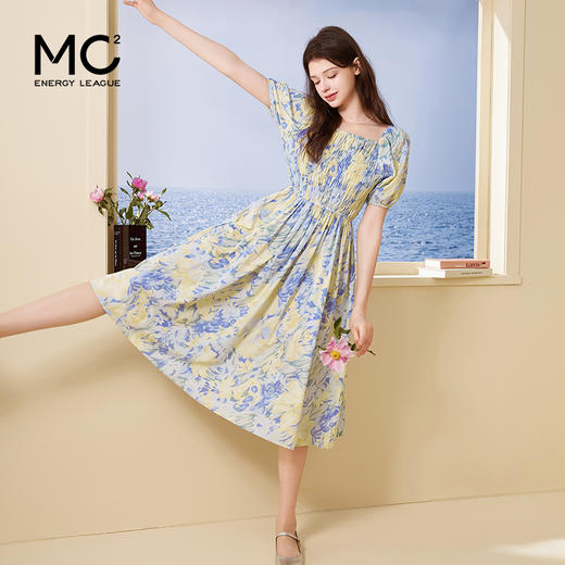 mc2法式油画一字领收腰晕染花色连衣裙女装2024夏季新款青春活力 商品图1