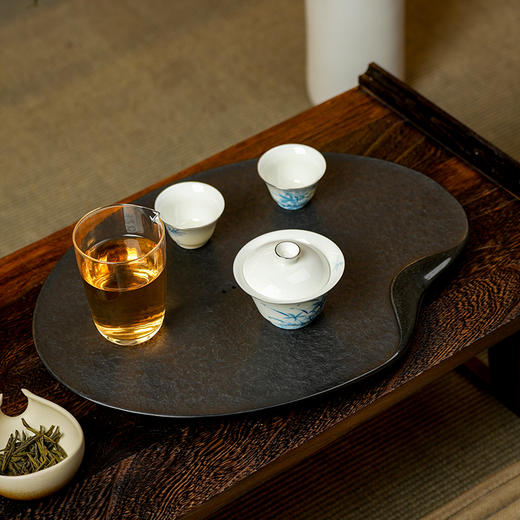陆羽荷叶茶盘乌金石茶盘家用简约石头现代石材茶台功夫茶具托 商品图8