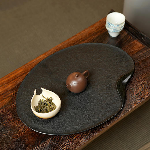 陆羽荷叶茶盘乌金石茶盘家用简约石头现代石材茶台功夫茶具托 商品图6