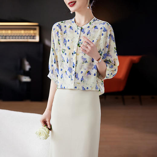 TC 11221双绉桑蚕丝蝙蝠袖印花宽松真丝衬衫中袖气质小衫 商品图2