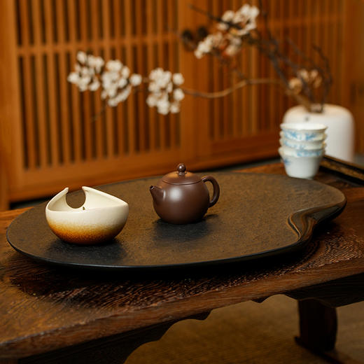 陆羽荷叶茶盘乌金石茶盘家用简约石头现代石材茶台功夫茶具托 商品图7