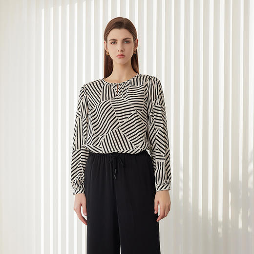 【真丝条纹拼接上衣】24年春夏新品女士100%桑蚕丝薄款上衣 商品图0