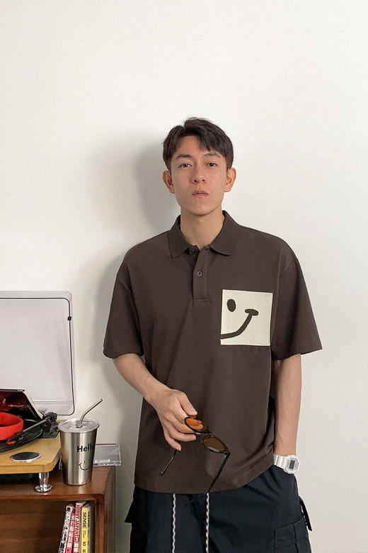 徐太浪设计感拼色笑脸印花短袖Polo衫男夏季宽松休闲半袖翻领上衣 商品图5