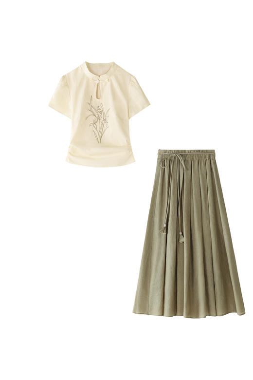 鹿向南《白兰单件》新中式国风兰花刺绣短袖上衣半身裙气质两件套 商品图2