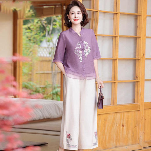 TZF-夏装棉麻套装新中式国风绣花短袖夏季七分袖上衣女 商品图5