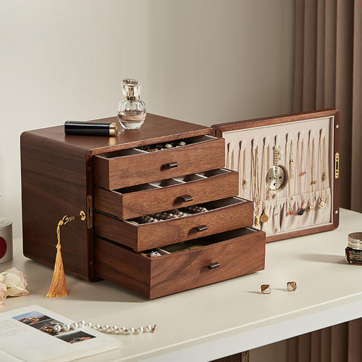 初心 带锁湿度计胡桃木纹首饰盒 可监测湿度多层大容量饰品收纳盒 商品图1