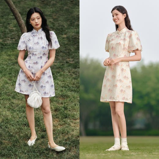 森马连衣裙女水墨画印花泡泡袖盘扣夏季新款新中式改良旗袍裙 商品图3