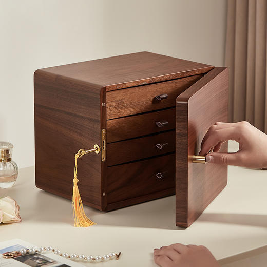 初心 带锁湿度计胡桃木纹首饰盒 可监测湿度多层大容量饰品收纳盒 商品图3