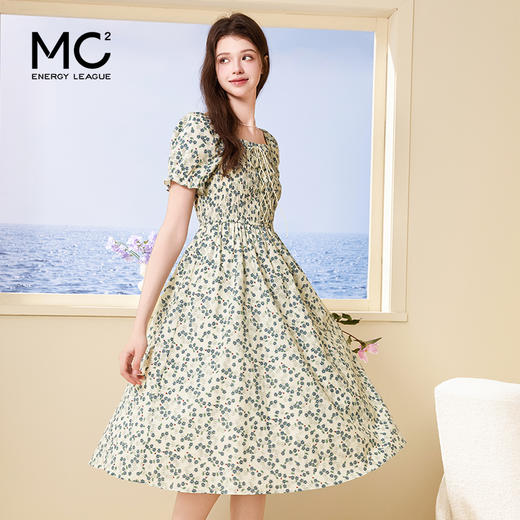 mc2方领棉布长款花色连衣裙女装2024夏季新款显瘦气质设计感穿搭 商品图0