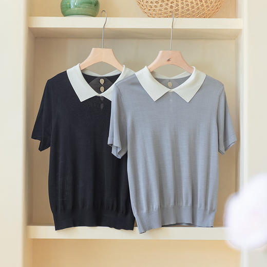 【现货】100%桑蚕丝显瘦百搭清爽舒适 翻领短袖上衣 商品图1