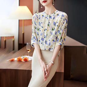 TC 11221双绉桑蚕丝蝙蝠袖印花宽松真丝衬衫中袖气质小衫