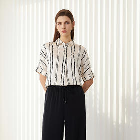【桑蚕丝短袖上衣】24年春夏女士新品条纹真丝薄款时尚通勤上衣