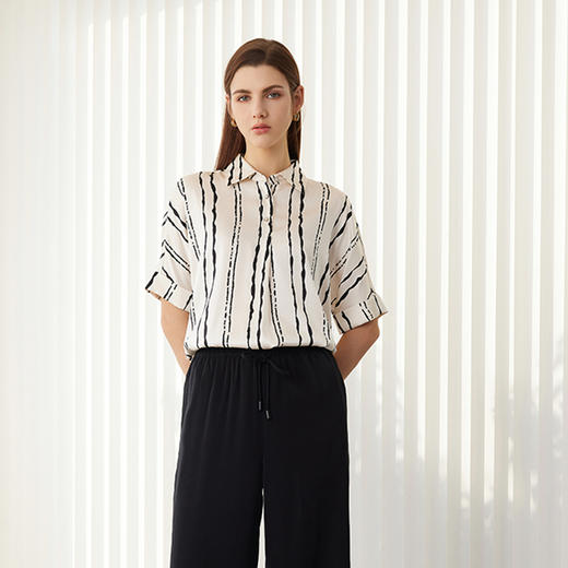 【桑蚕丝短袖上衣】24年春夏女士新品条纹真丝薄款时尚通勤上衣 商品图0