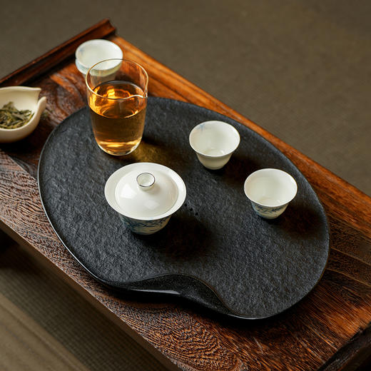 陆羽荷叶茶盘乌金石茶盘家用简约石头现代石材茶台功夫茶具托 商品图3