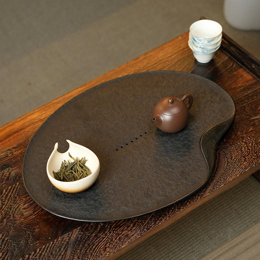 陆羽荷叶茶盘乌金石茶盘家用简约石头现代石材茶台功夫茶具托 商品图1