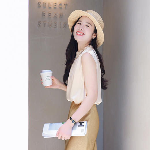 100%桑蚕丝法式荷叶领 真丝缎 优雅无袖小衫 商品图2