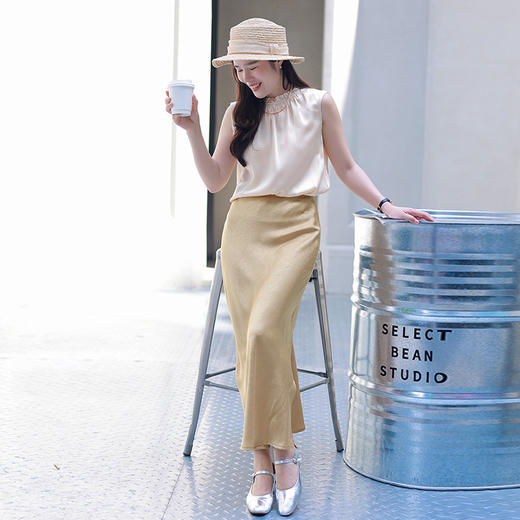 100%桑蚕丝法式荷叶领 真丝缎 优雅无袖小衫 商品图4