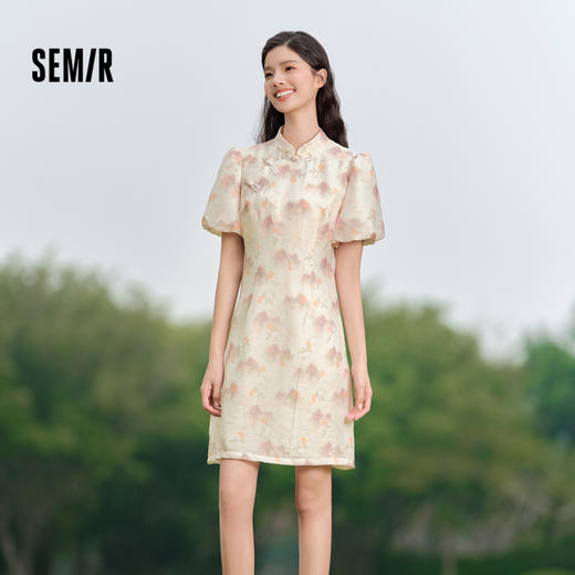 森马连衣裙女水墨画印花泡泡袖盘扣夏季新款新中式改良旗袍裙 商品图0