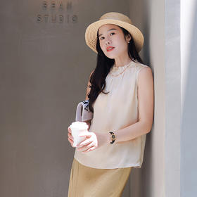 100%桑蚕丝法式荷叶领 真丝缎 优雅无袖小衫