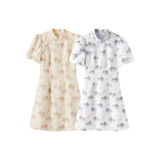 森马连衣裙女水墨画印花泡泡袖盘扣夏季新款新中式改良旗袍裙 商品图4