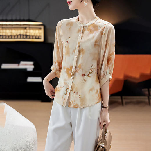 TC 11221双绉桑蚕丝蝙蝠袖印花宽松真丝衬衫中袖气质小衫 商品图3