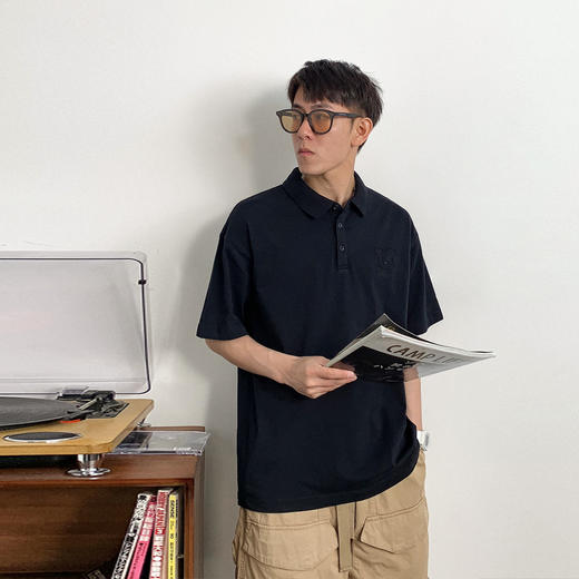 徐太浪日系简约黑色短袖Polo衫男夏季潮牌美式休闲小熊翻领保罗衫 商品图0