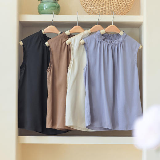 100%桑蚕丝法式荷叶领 真丝缎 优雅无袖小衫 商品图1