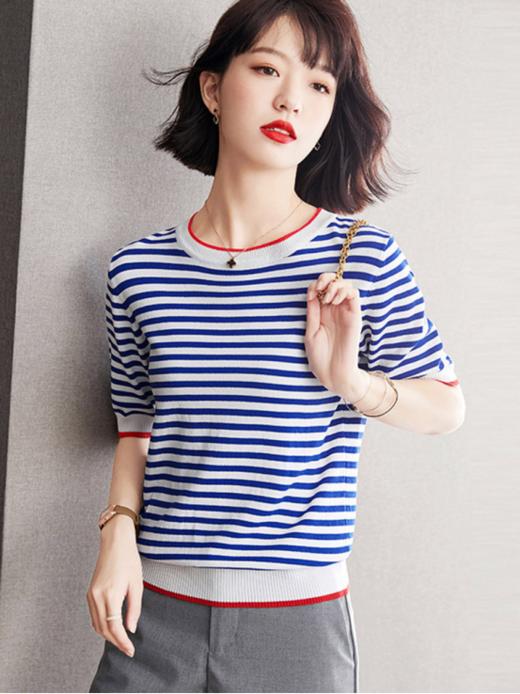📍📍【茧墨减龄经典海军风条纹针织短袖】✅1.经典条纹针织衫，高端定制进口纱线，💕丝滑有型，透气不闷热 🍂  商品图4