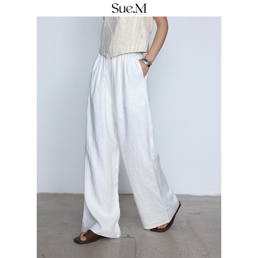 100%进口亚麻透气阔腿裤女薄款抗皱垂感宽松直筒休闲长裤子SUE.M 商品图0