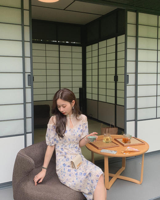 【金蘑菇菇 花间酒 国风系列】旗袍改良年轻款中长款碎花连衣裙女 商品图4