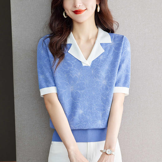 CCpolo衫短袖t恤女2024新款妈妈夏装大码提花上衣薄款冰丝针织衫 商品图3