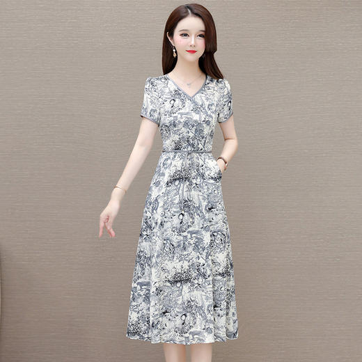 QYM 92663-Y印花连衣裙系带收腰中长裙 商品图0
