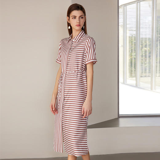 【桑蚕丝条纹连衣裙】24年春夏新品女士中长款系带收腰真丝连衣裙 商品图2