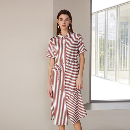 【桑蚕丝条纹连衣裙】24年春夏新品女士中长款系带收腰真丝连衣裙 商品图1