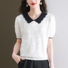 CC28-1201法式娃娃领短袖t恤女夏2024新款冰丝拼色百搭宽松针织衫洋气上衣 商品缩略图0