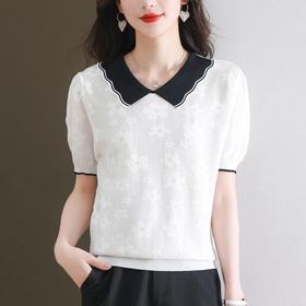 CC28-1201法式娃娃领短袖t恤女夏2024新款冰丝拼色百搭宽松针织衫洋气上衣