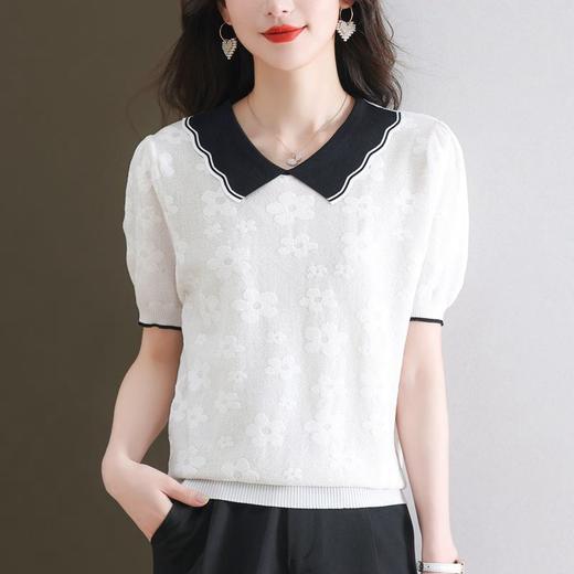 CC28-1201法式娃娃领短袖t恤女夏2024新款冰丝拼色百搭宽松针织衫洋气上衣 商品图0