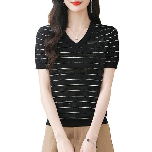 CC天丝针织衫薄款v领短袖t恤女士洋气妈妈夏装2024新款条纹冰丝上衣 商品图4