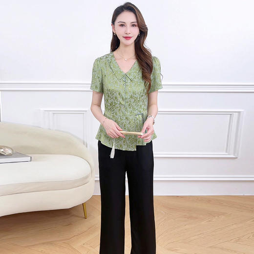 国风印花复古上衣+直筒长款裤子两件套QYM-LRX-322445-Y 商品图1
