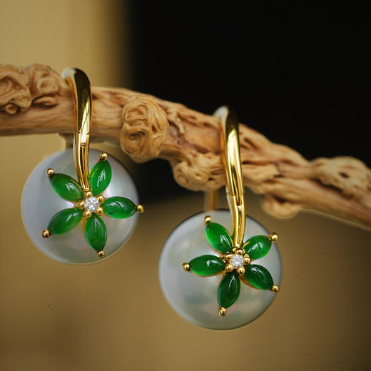 龢盒原创 勿忘我18k金镶翡翠珍珠耳钉 商品图1