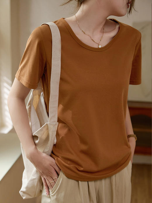 【甄选纯棉】大圆领T恤女夏装2024新款短袖宽松直筒百搭打底上衣_HLY 商品图4