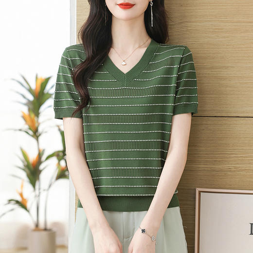 CC天丝针织衫薄款v领短袖t恤女士洋气妈妈夏装2024新款条纹冰丝上衣 商品图3