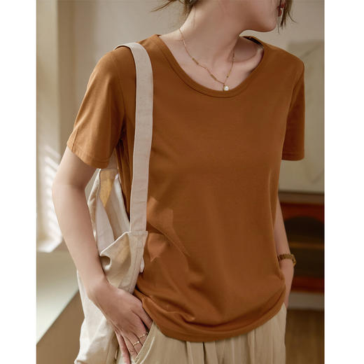 【甄选纯棉】大圆领T恤女夏装2024新款短袖宽松直筒百搭打底上衣_HLY 商品图5