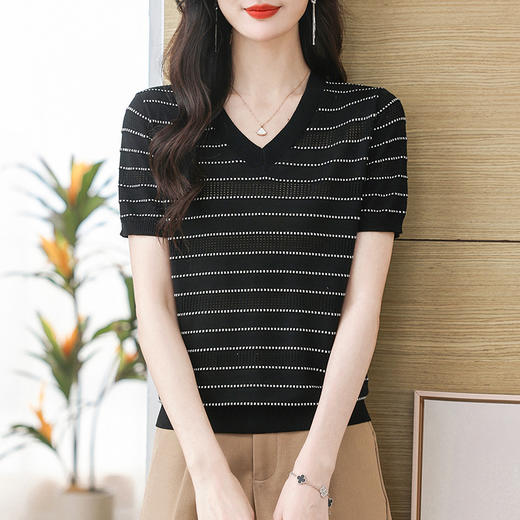 CC天丝针织衫薄款v领短袖t恤女士洋气妈妈夏装2024新款条纹冰丝上衣 商品图5