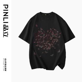 PINLI品立2024夏季新款男士烫钻短袖T恤潮牌满蝶休闲国潮上衣体恤BG242111049